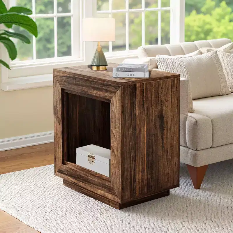 Rustic Walnut Finish Wood End Table,Heavy-Duty Nightstand with Ample Storage,Bedroom & Living Room Side Table