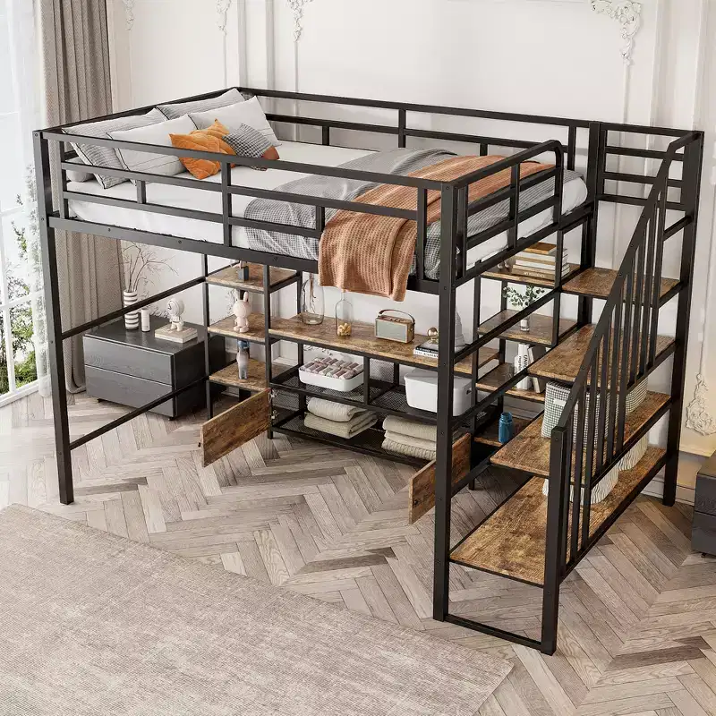 91.5''L x56.3''W Full Size Metal Loft Bed with Staircase, Low Storage Table and Storage Shelves