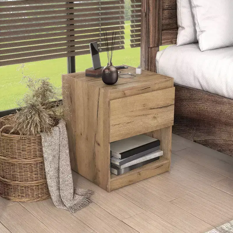 HOMES: Inside + Out Wellsgate Nightstand Modern 1 Drawer with Power Ports Light Oak