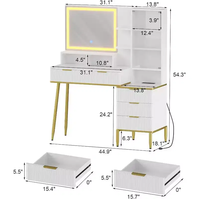 Acekool Fluted Vanity Desk with Mirror, 5 Drawers, Glass Shelves, Adjustable Lighting, Charging Ports, Bedroom Dressing Table, Wood color, 45 Inch