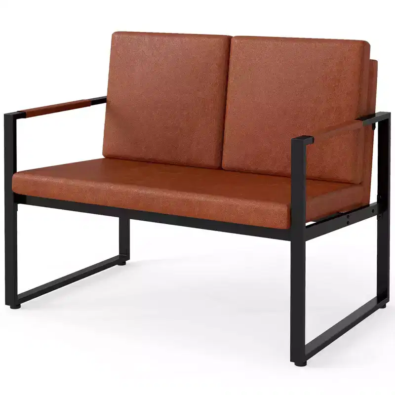 Modern 2-Seater Loveseat Sofa with Solid Metal Frame & Removable Back Cushions, Brown/Gray + Black