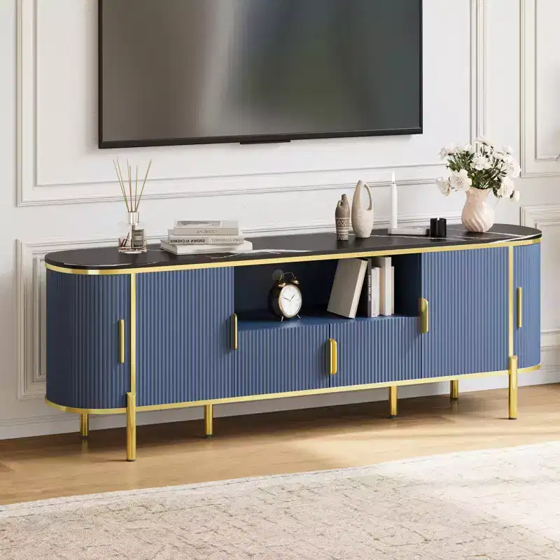 70 Fluted TV Stand with Faux Marble Top, Entertainment Center for TVs Up to 80 Inches, Wood Media Console with Curved Profile Sliding Doors