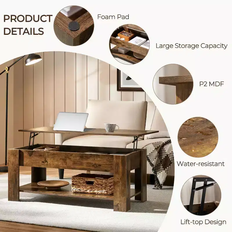 Lift Top Coffee Table with Hidden Compartment & Open Shelf For Living Room