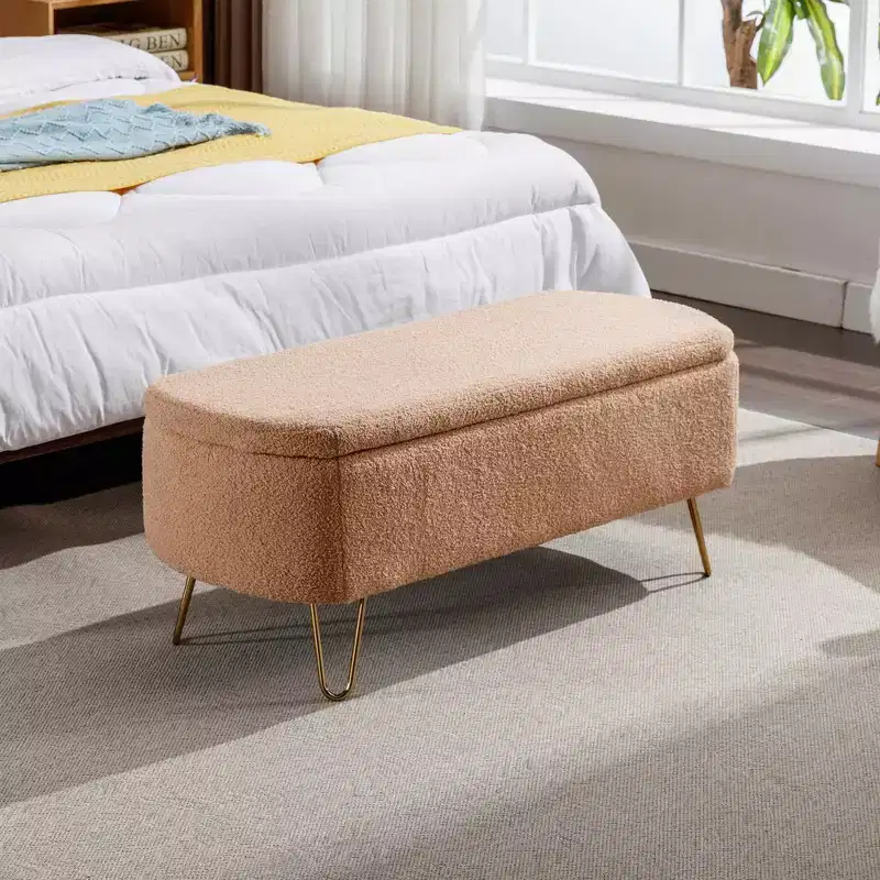 Beige/Blue/Gray/Off-White/Pink Faux Fur Storage Ottoman Bench, Gold Legs, Seats 1