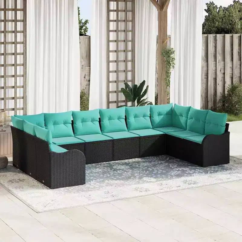 vidaXL Garden Sofa Set 10 pcs Black and turquoise Poly rattan - Black and turquoise without table