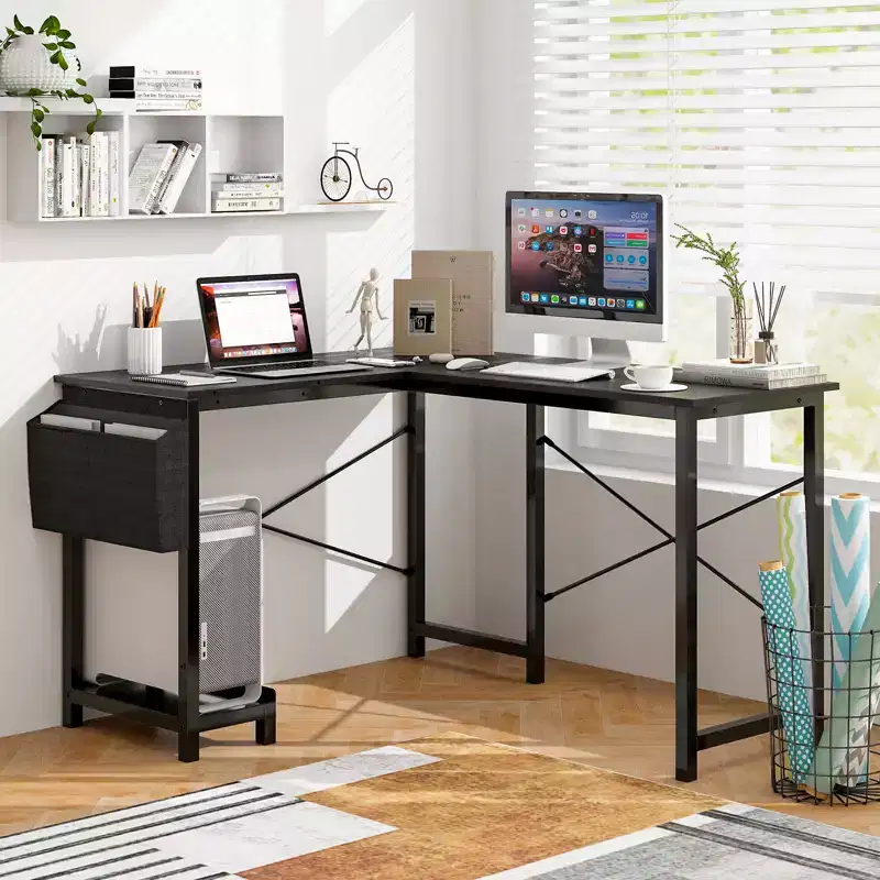 L-Shaped Computer Desk Reversible Home Office Desk with Side Storage Bag & Host Stand Dark Gray