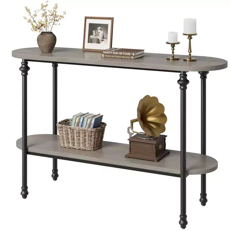 Console Table, 43 Entryway Table with Storage, 2 Tier Sofa Table with Metal Frame and MDF, Behind Couch Table - Rustic Gray