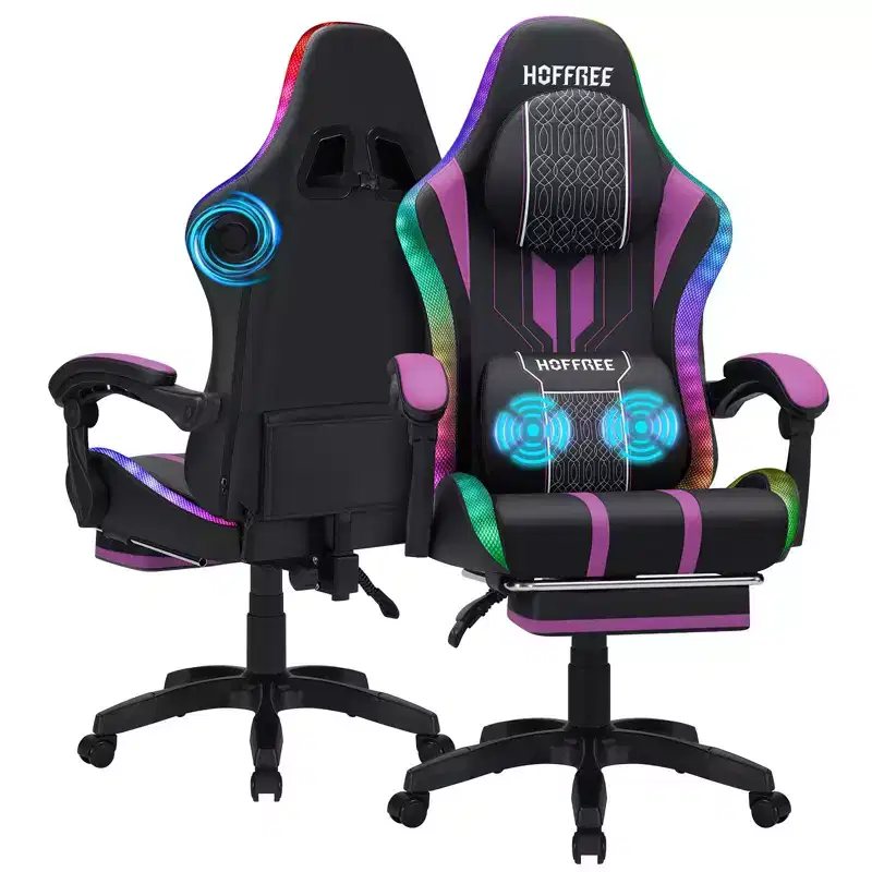 Hoffree Extra Large Massage Gaming Chair Ergonomic Office PC Chair with Bluetooth Speaker & RGB Light