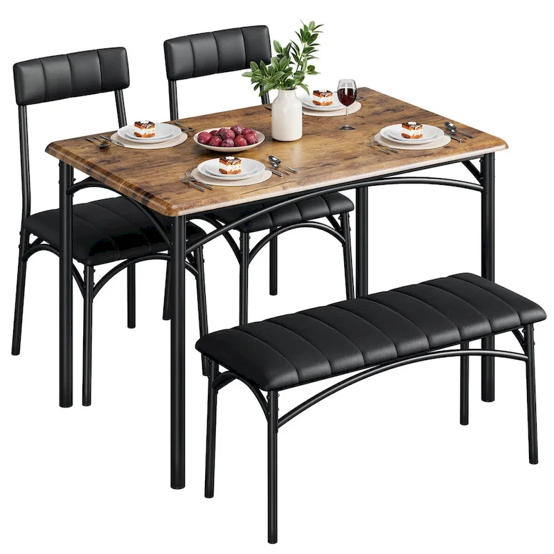 4 Piece Kitchen Table Set with 2 Upholstered Chairs, 1 Bench, 1 Dining Table