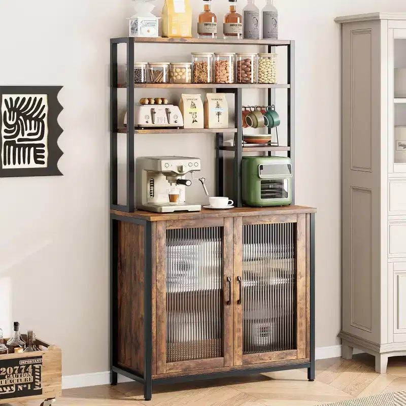 COZONY 64 Bakers Rack with Cabinet, 5-Tier Microwave Stand with Hooks & Door Storage, Industrial Coffee Bar Station, Brown