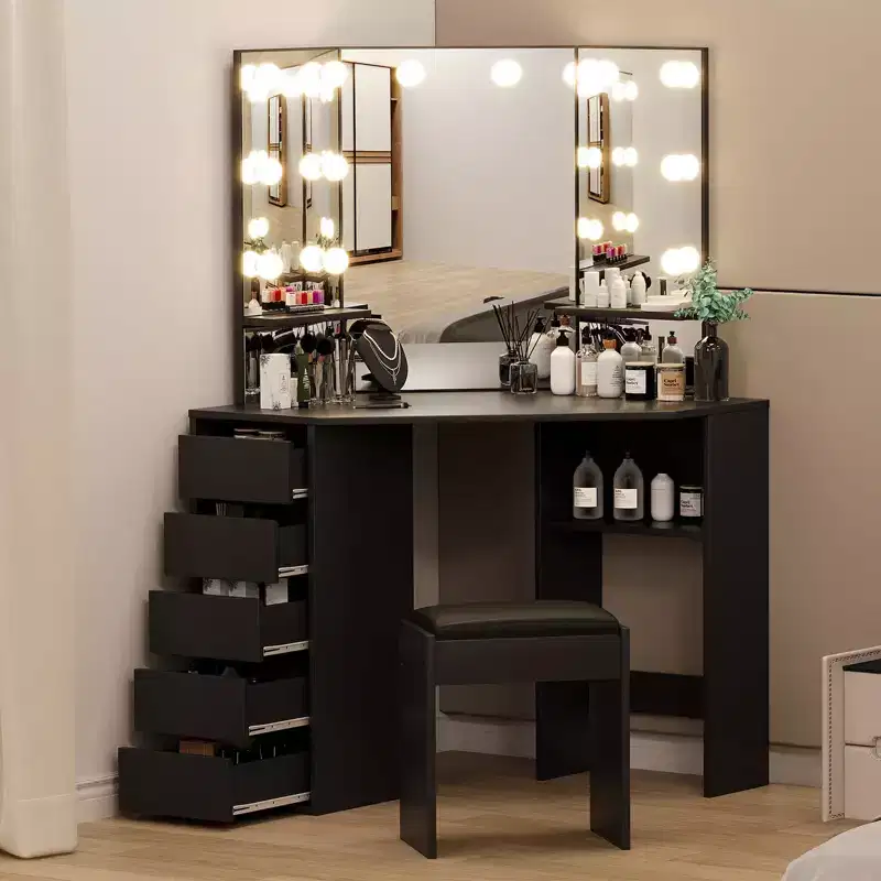 Black Corner Makeup Vanity Desk with Lighted Mirror, 5 Drawers & Stool, 1-Person