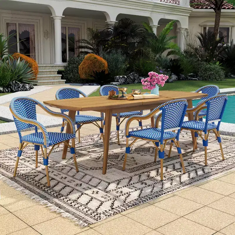 Christopher Knight Home Natacha 7 Piece French PE Rattan Outdoor Dining Set with Acacia Wood Extendable Dining Table