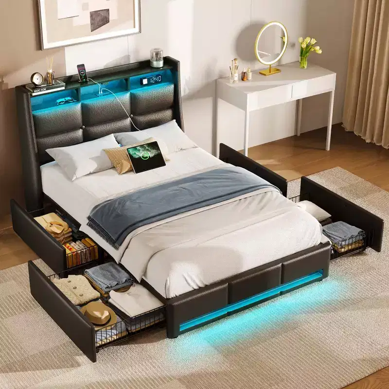 Greenstell Platform Bed Frame with 4 Storage Drawers and Charging Station, Upholstered Headboard with Led light