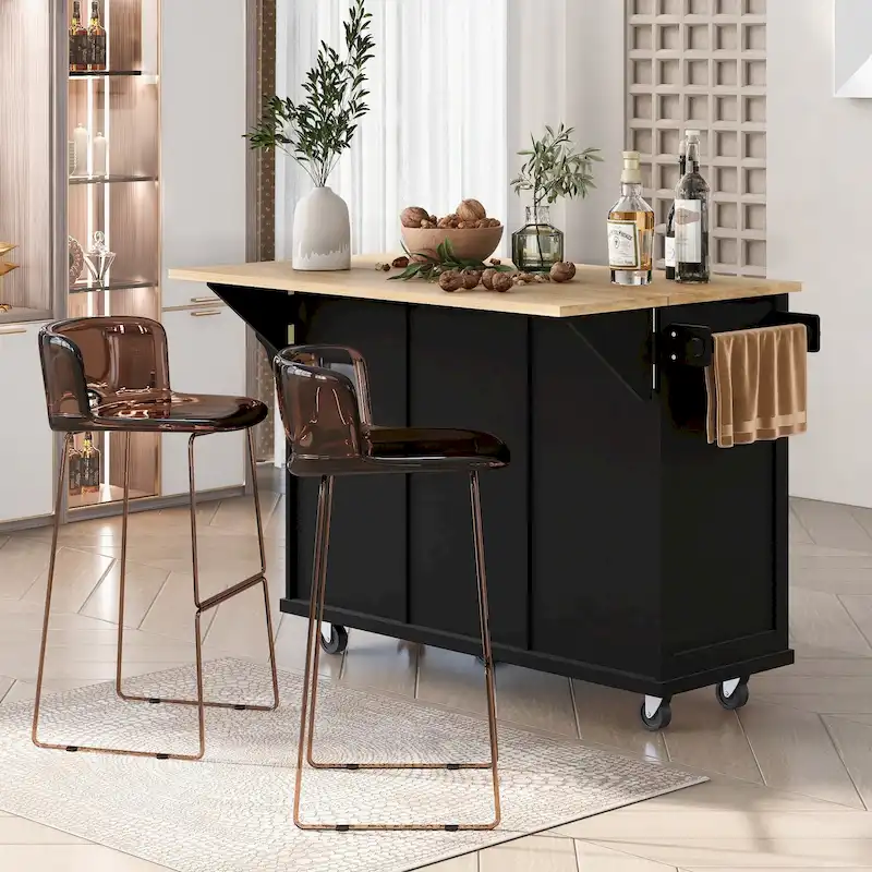 Rolling Kitchen Cart with Drop-Leaf Countertop – Black / Blue / White, 1-Person Use
