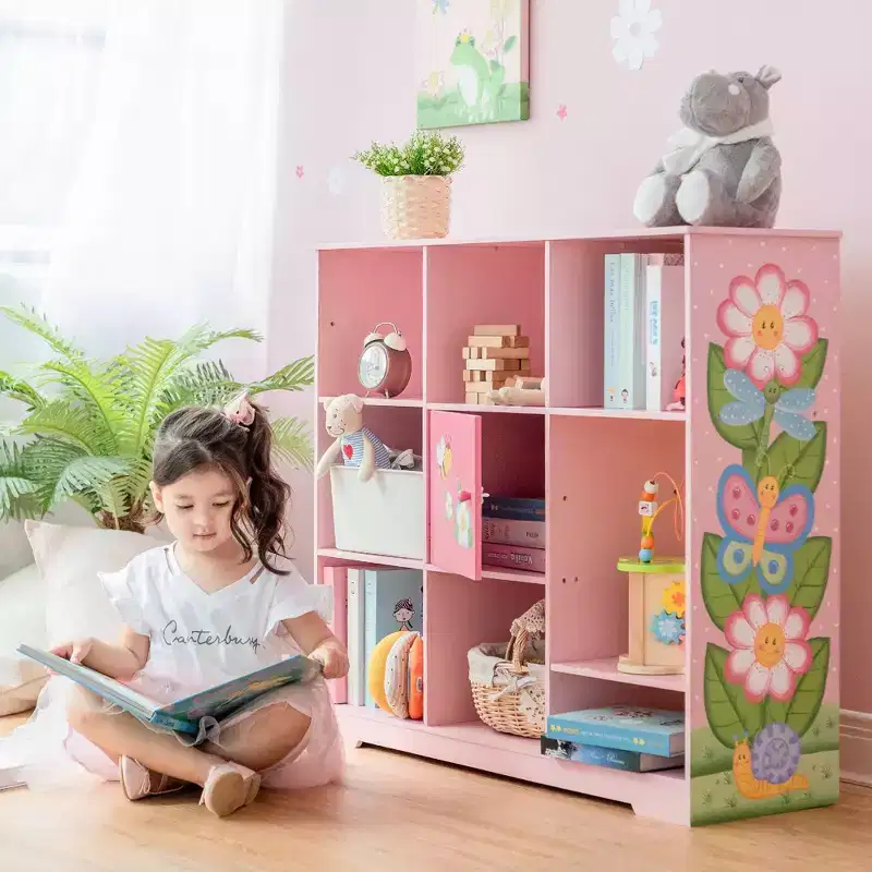 Adjustable 3x3 Cube Kids' Bookshelf with Door, Pink Garden Print, 9 Compartments
