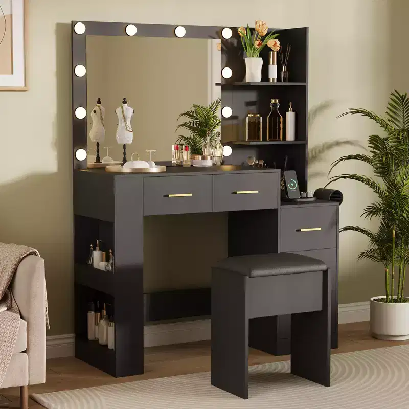 Makeup Vanity with Mirror and Stool, White Vanity Table with 5 Drawers, Dressing Table Set for Bedroom