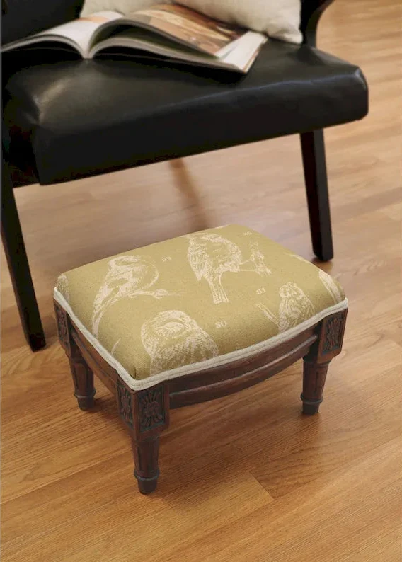 Solid Wood Upholstered Footstool with Linen Fabric - Chestnut, 14W