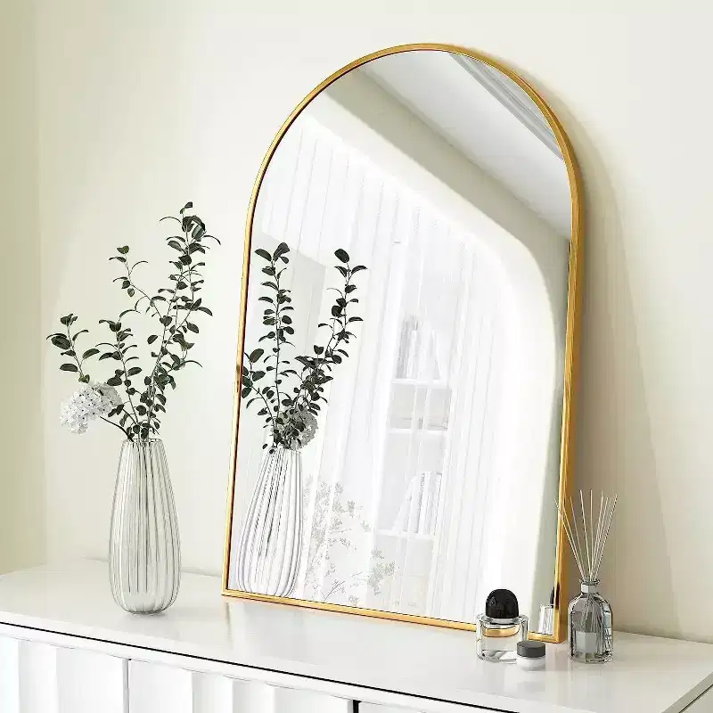 GDFStudio Prim 24 x 36 Modern Gold Metal Framed Arched Bathroom Wall Mirror