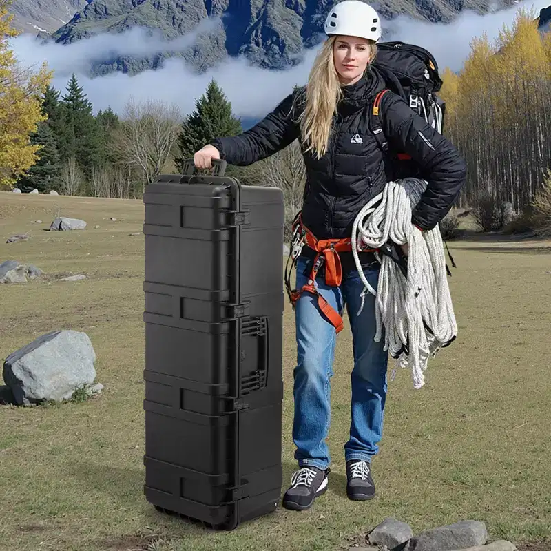 Weatherproof Hard Case, Heavy Duty Protective Dry Box Case with Pre-Cut Foam & Retractable Pull Handles for Travel, Hunt, Military, Black