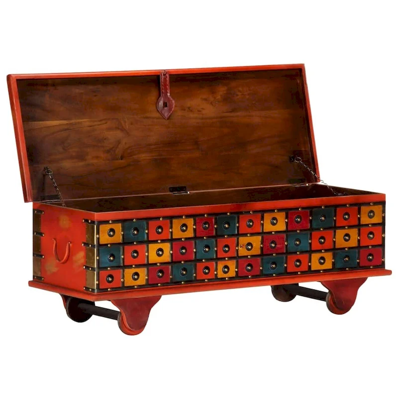 Solid Acacia Wood Storage Box with Lid – Red, 43.3x15.7x15.7
