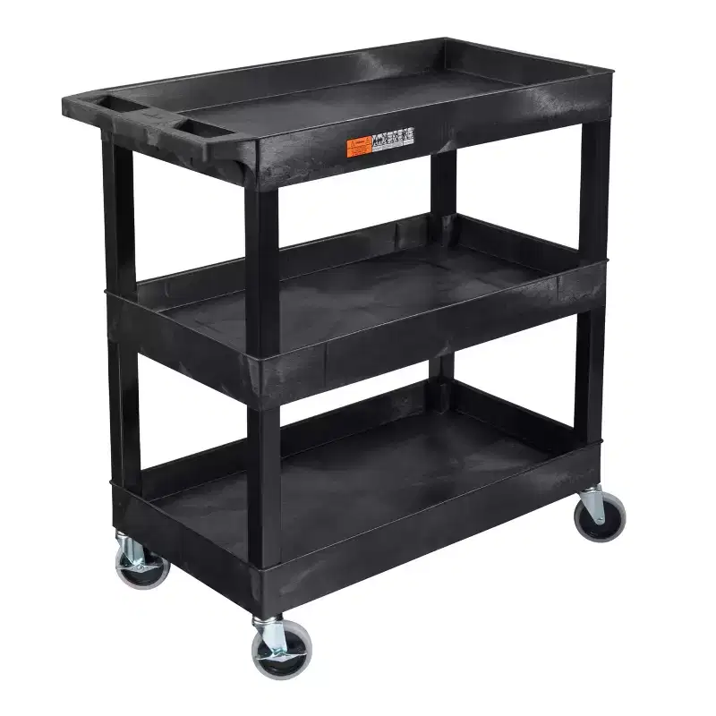 3 Shelf Utility Push Cart - Heavy-Duty Plastic Service Cart for Offices, Warehouse, Garage, and Kitchen (Black, 32 x 18)