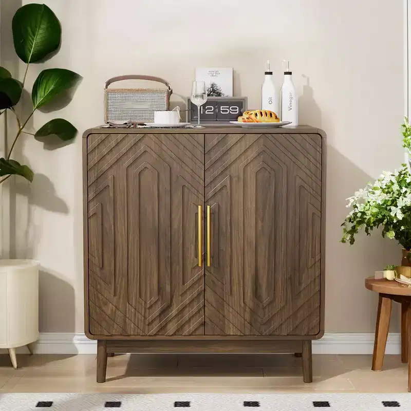 Rustic Wood Storage Cabinet with Carved Doors & Adjustable Shelves