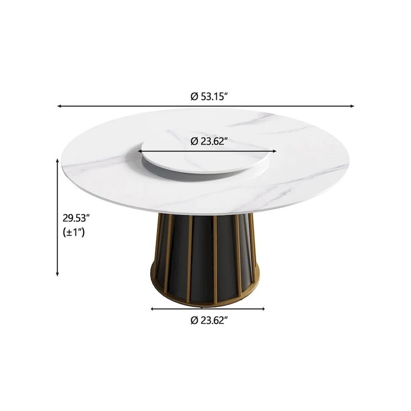 53 White Sintered Stone Round Dining Table with Lazy Susan - N/A