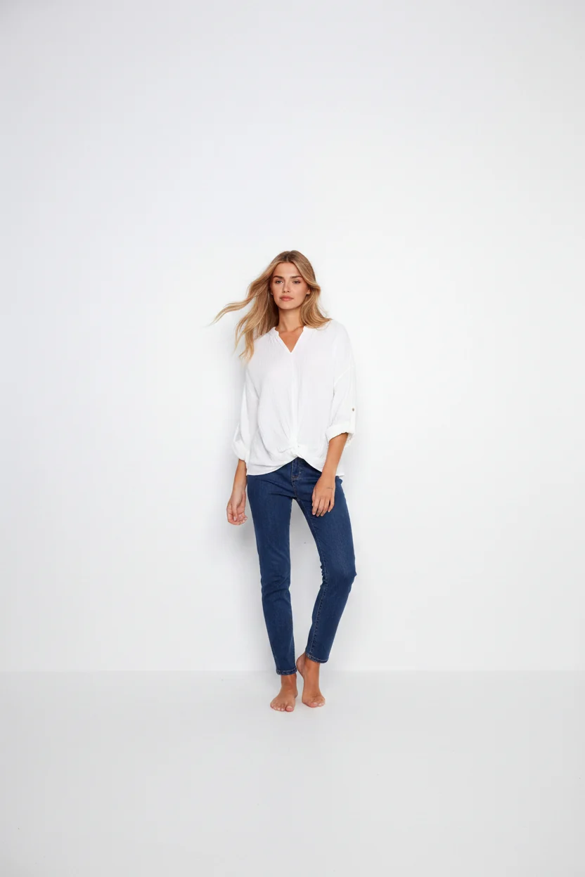 Bubble Cotton Blouse With Front Twist - White