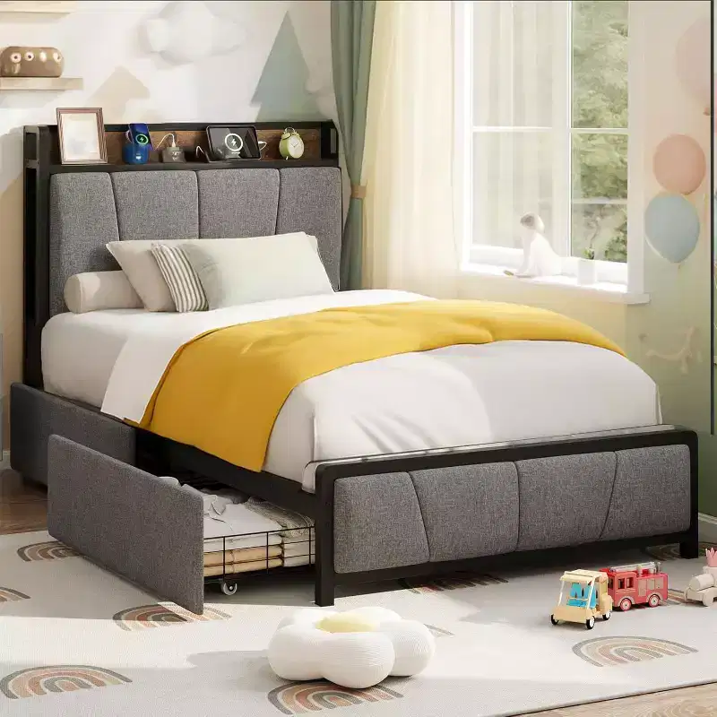 Acekool Queen Bed - Storage Headboard & Charging