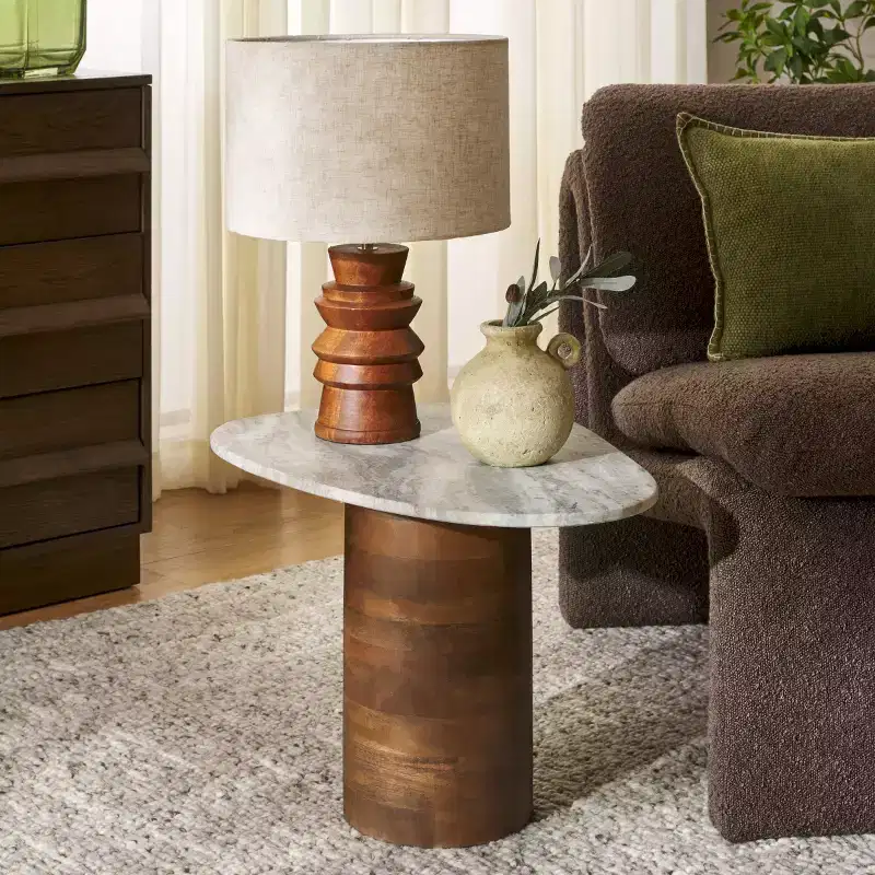 Marble-Top Mango Wood Side Table – Off-White & Brown, Contemporary Indoor Accent, 21.7