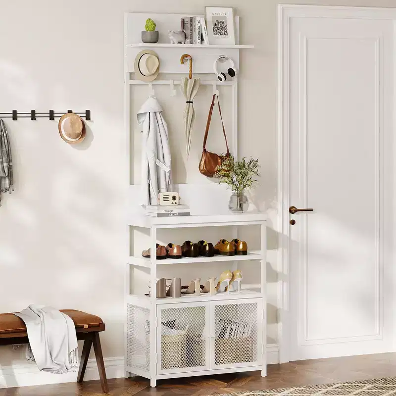 Coat Rack Shoe Storage 72.8in White Hall Tree with Doors Narrow Coat Tree Shoe Shelf Organizer with 7 Hooks for Entryway Bedroom and Mudroom