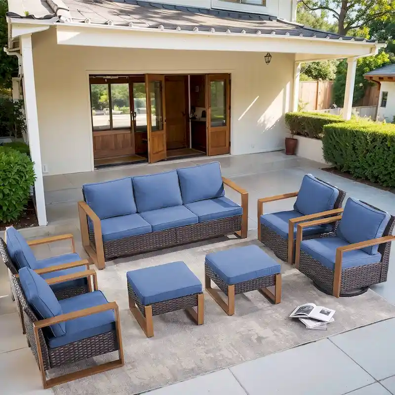 7 Pieces Outdoor Patio Sofa with Rocking Chair Ottoman - Brown