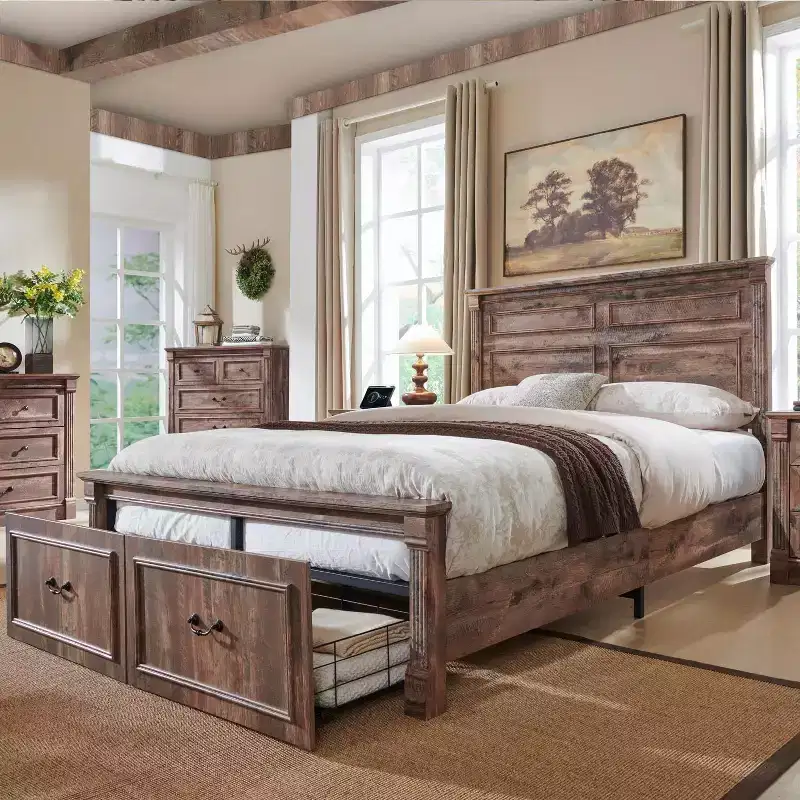 Full Size Bed Frame with Tall Headboard, Roman Footboard, 2 Storage Drawers, No Box Spring Needed
