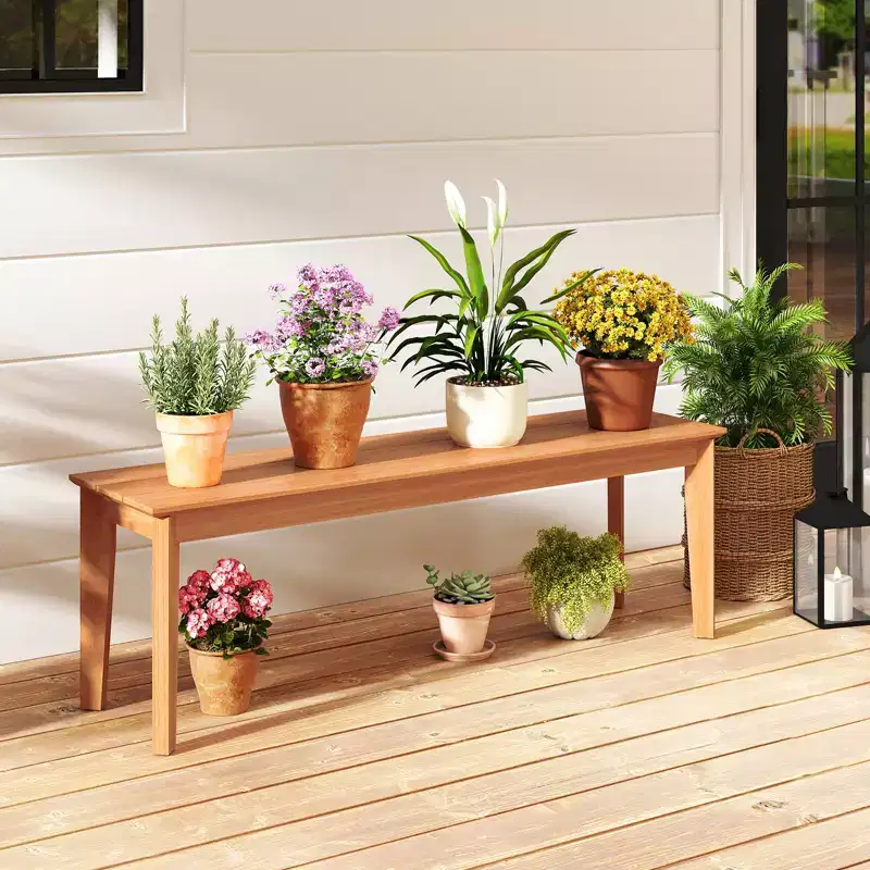Costway 2PCS 55 Teak Wood Bench 3-Person Backless Seating w/ 880 LBS Weight Capacity
