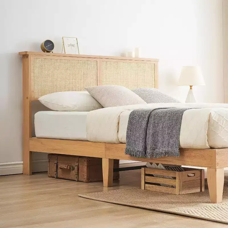 Rattan Bed Frame with Natural Headboard, LED Lights, Solid Wood Slats, Storage Space, No Box Spring Needed