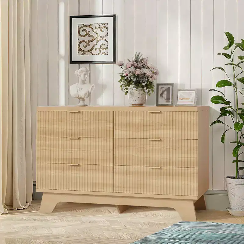 6 Drawer Dresser for Bedroom, 47 Wide Mid Century Modern Dresser, Fluted Dressers Chest of Drawers, TV Stand for Living Room,Hallway, Oak