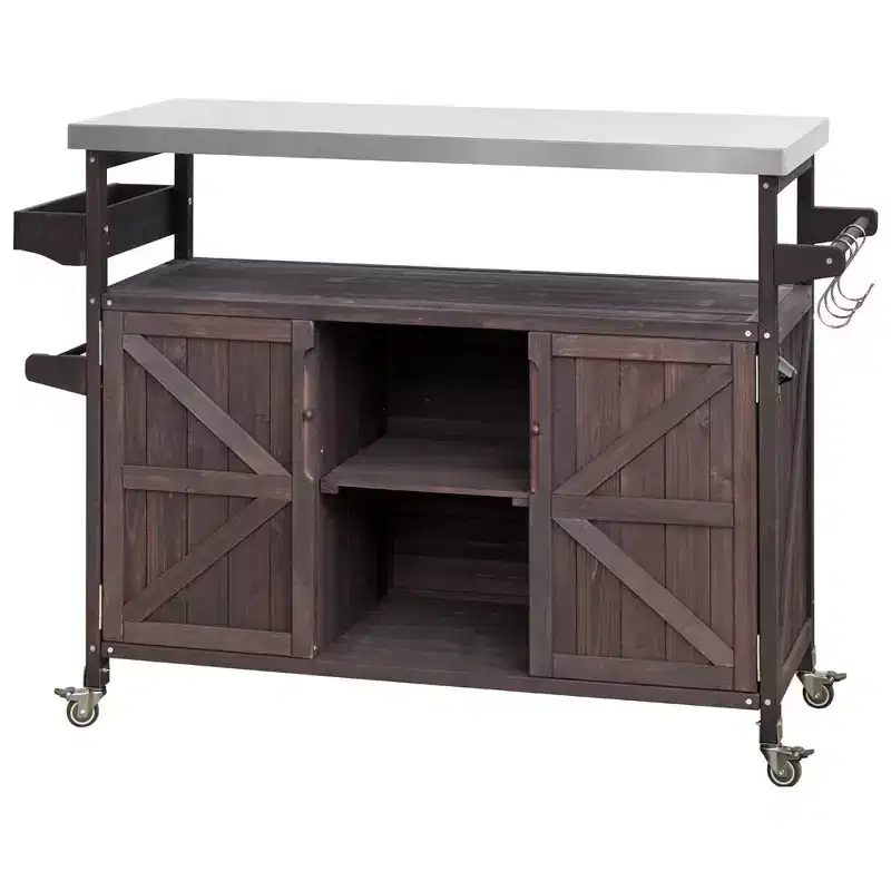 Portable Grill Cart with Storage, Waterproof HDPE BBQ Prep Table 304 Stainless Steel Top, All-Weather Use, Camping Cart with Wheels
