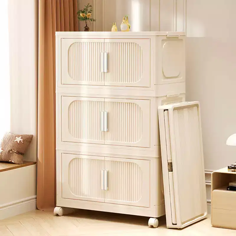 MAYEERTY 19.69 Side 3 Tiers Plastic Folding Stoarge Cabinet with Magnetic Door Wheels Cream White for Living Room