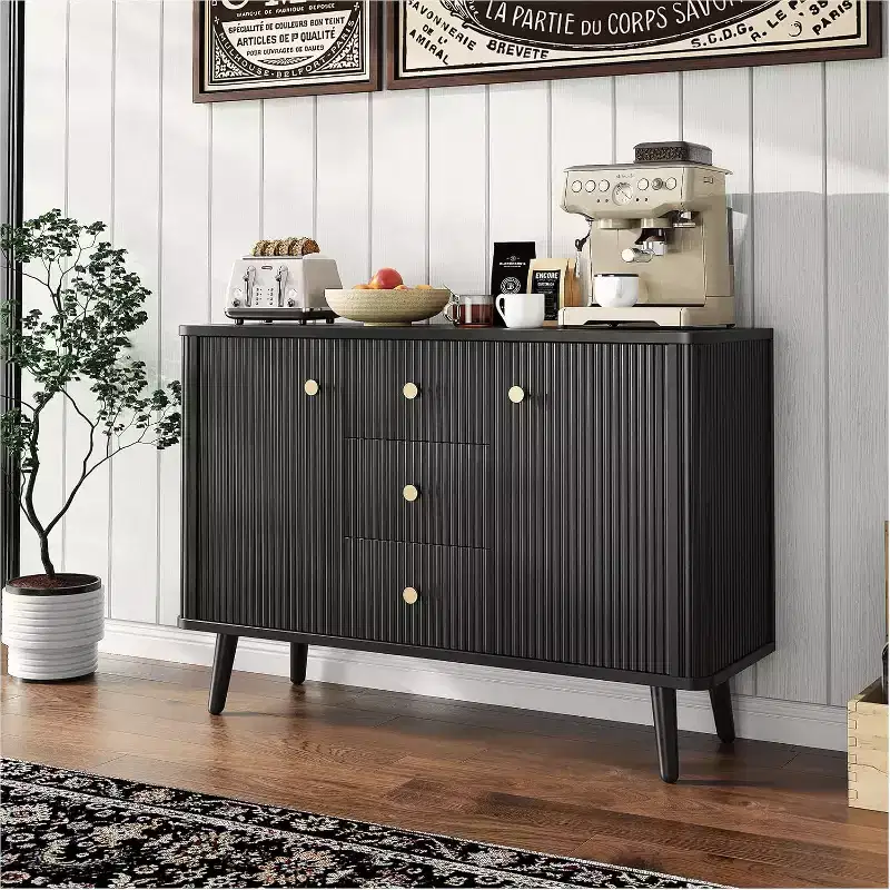 47 Sideboard Buffet Cabinet with Drawers, Fluted Accent Storage Cabinet with 2 Doors and 3 Drawers, Black