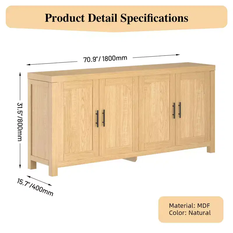 Fluted Sideboard Buffet Cabinet, 59in Large Credenza Storage Cabinet Media TV Console Table with 6 Drawers and 2 Sliding Doors for Living Room