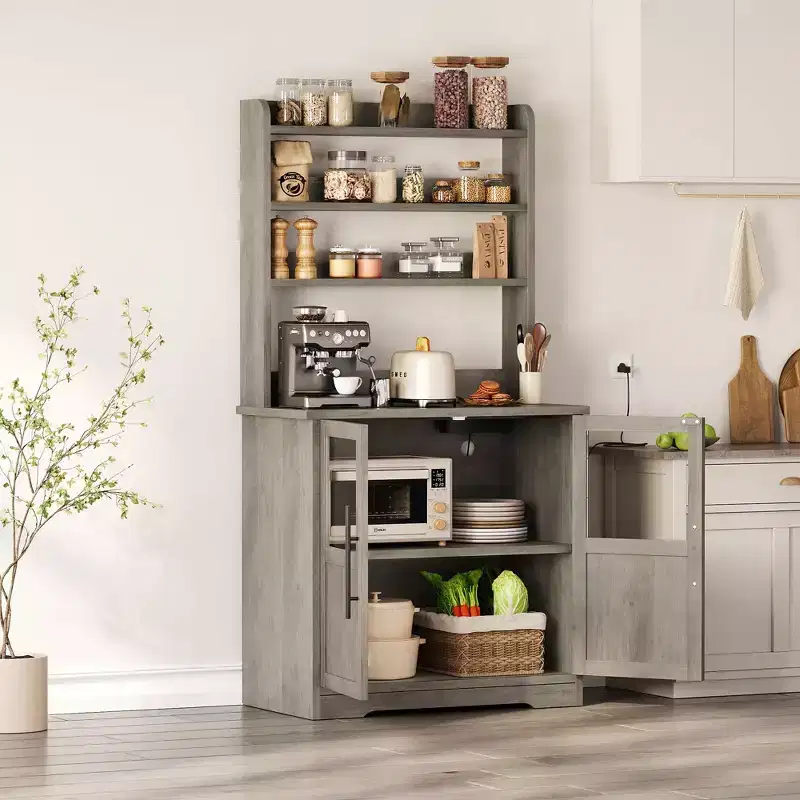 Farmhouse Bakers Rack, Rustic Wood Hutch with Glass Door Storage Cabinet, Kitchen Pantry Organizer Microwave Stand