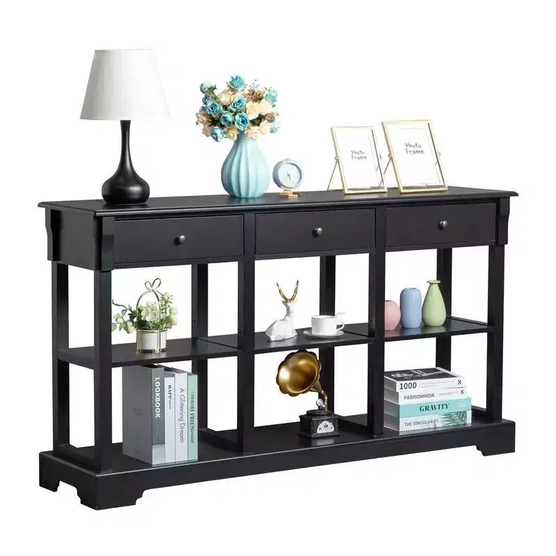Black Console Entrance Table, 3 Drawers & 6 Compartments, Curved Base, 58