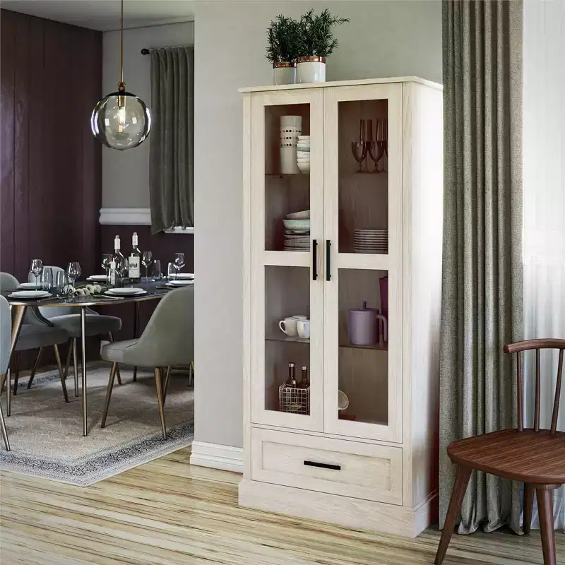 Sherman Curio Cabinet with Glass Doors and Storage Drawer, White Oak