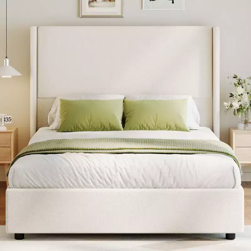 Queen Size Wingback Headboard Upholstered Platform Bed - 55.5 Tall, Solid Wooden Slats, No Box Spring Needed, Noise-Free Foundation