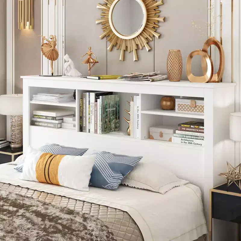 Famapy White Full/ Queen Size Headboard,App-Controlled LED Lights,Adjustable Shelves,Smart Bedroom Storage Solution