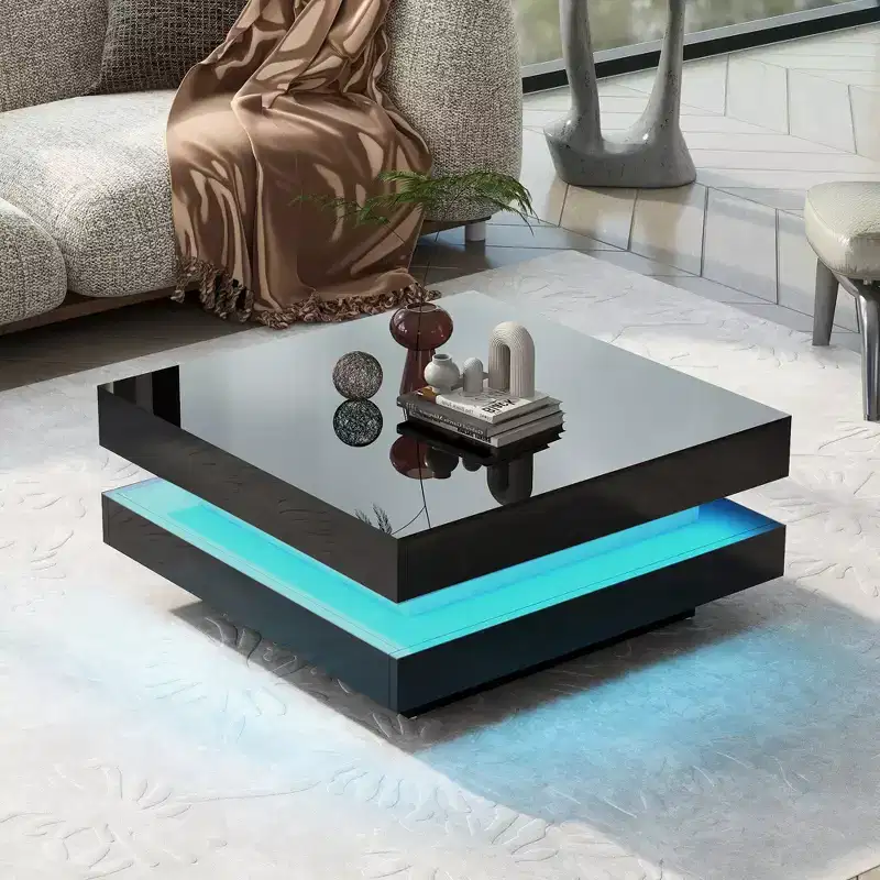 High Gloss LED Coffee Table, 2-Tier Square Center Table for Living Room, Black