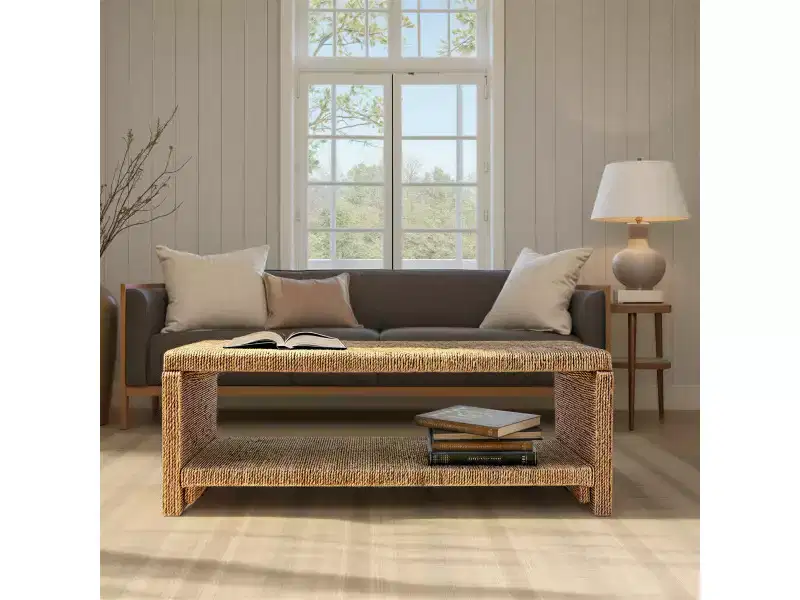 Storied Home Woven Water Hyacinth & Acacia Wood Coffee Table