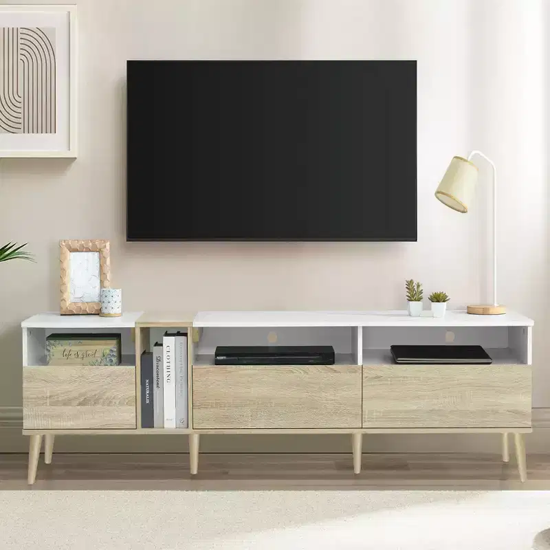 Modern TV Stand with Drawers for 80 TV, Media Console Table with Storage, TV Storage Cabinet with Open Shelves for Living Room, White
