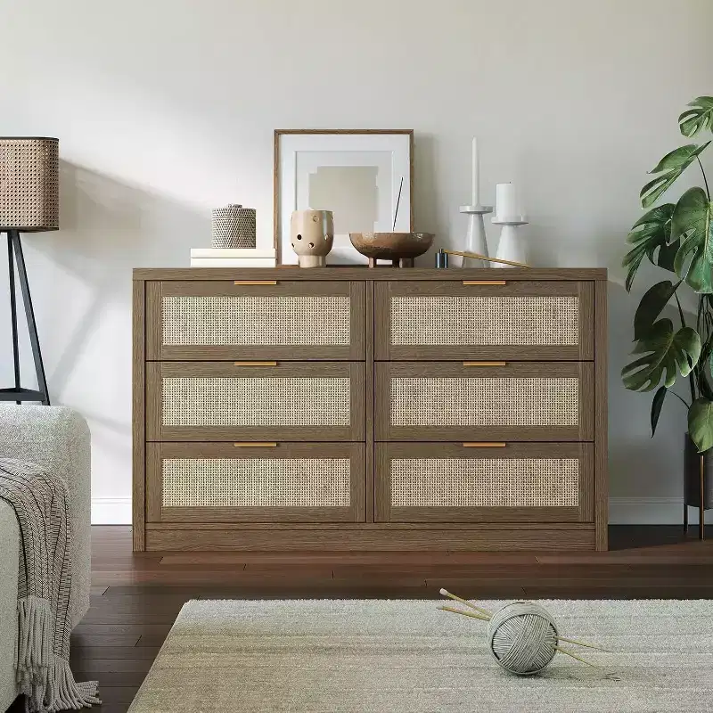 Acekool 53 Rattan Dresser, 6 Drawer Boho Chest with Metal Handles, Storage Cabinet & TV Stand for Bedroom or Living Room