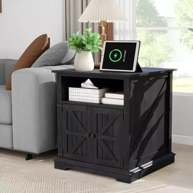 Nightstand with Charging Station and 2 Drawers – Farmhouse Bedside Table with Solid Wood Legs